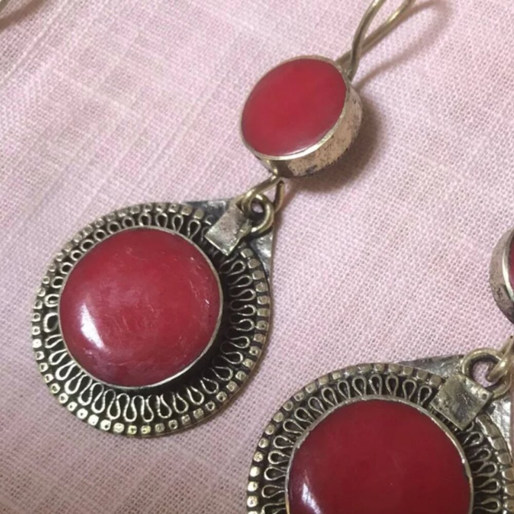 Handmade Tribal Stone Earrings: Antique Silver Filigree, Boho Jewelry - Picture 3 of 6